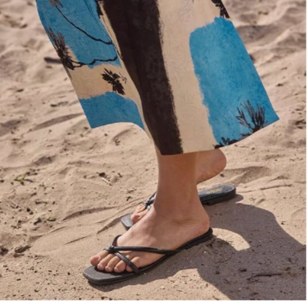 Pazzion Black Square Open Toe Flats Sandals Slip On Backless Flip Flops Shoes